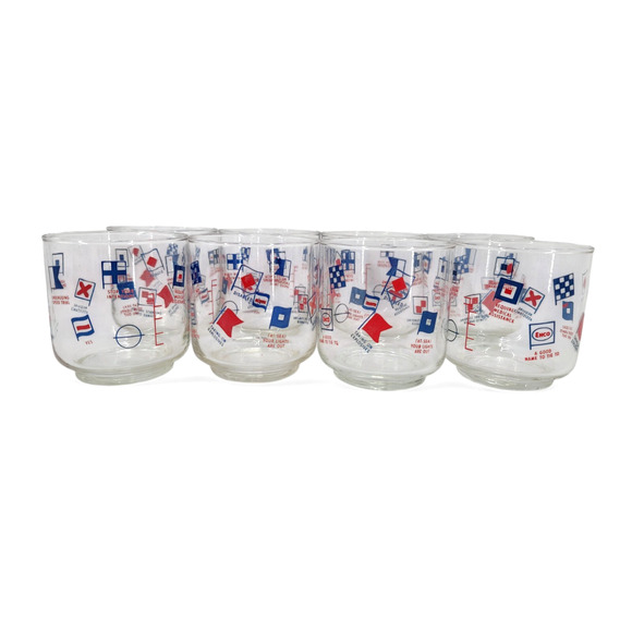 Libbey ENCO Signal Flags Glass Set of 8 Nautical Maritime‎ Promo Barware Vintage - Picture 1 of 5